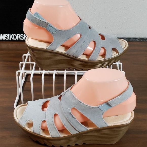 Skechers Stylin Blue Suede Peep-toe Slingback Wedge Size 6½ - Picture 2 of 7